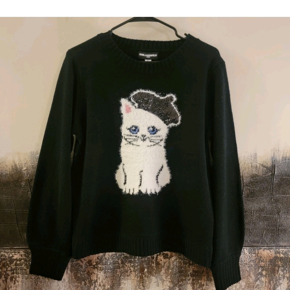 Karl Lagerfeld Black Sweater with White Cat Graphic